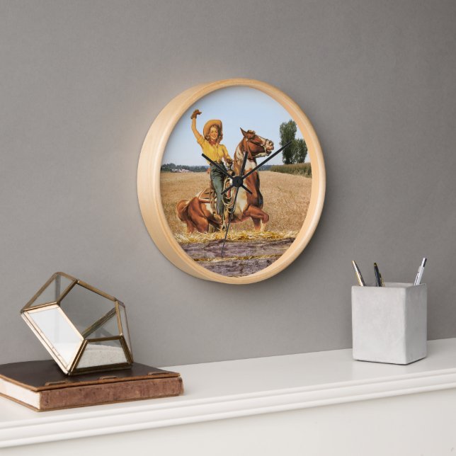 Vintage Western Cowgirl On Horse Waving   Clock (Office)