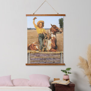 Vintage Western Cowgirl On Horse Waving   Hanging Tapestry