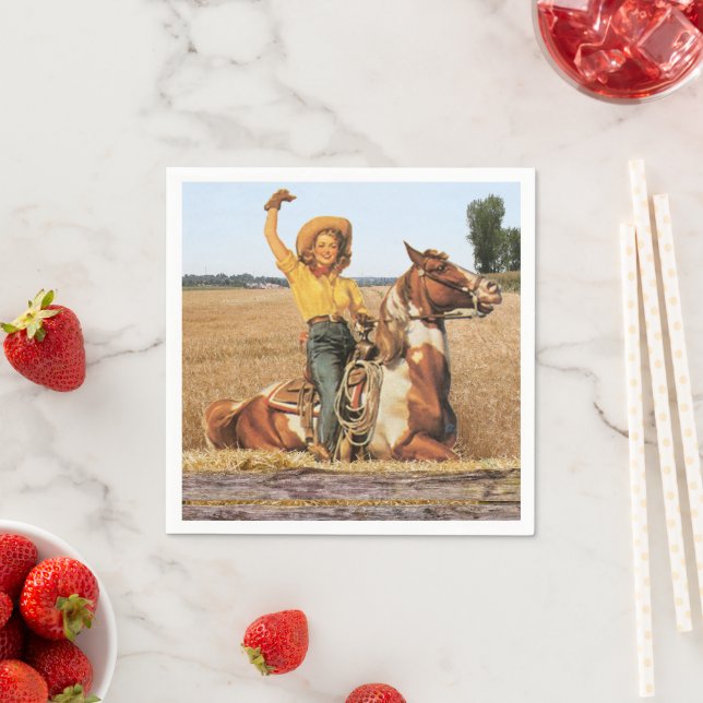 Vintage Western Cowgirl On Horse Waving     Napkin (Insitu)