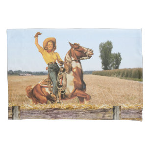 Vintage Western Cowgirl On Horse Waving  Pillowcase
