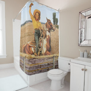 Vintage Western Cowgirl On Horse Waving  Shower Cu Curtain