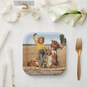 Vintage Western Cowgirl On Horse Waving Square Paper Plate