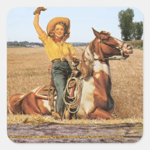 Vintage Western Cowgirl On Horse Waving Square Sticker