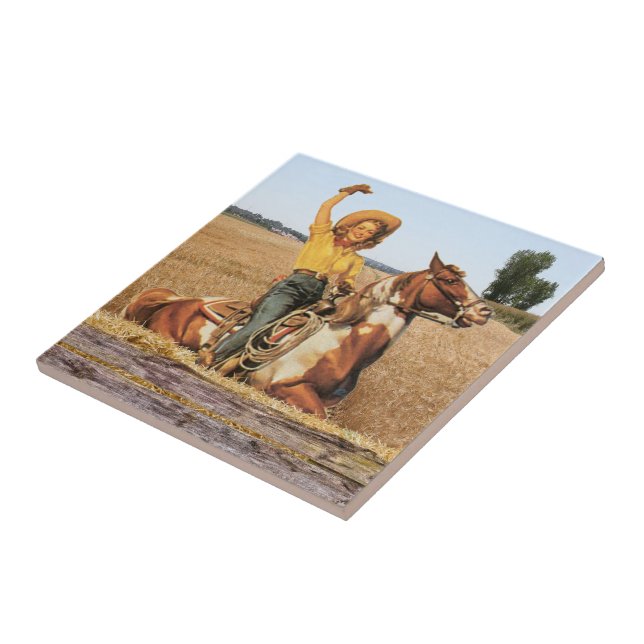 Vintage Western Cowgirl On Horse Waving Tile (Side)