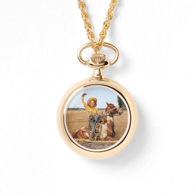 Vintage Western Cowgirl On Horse Waving   Watch (Front)