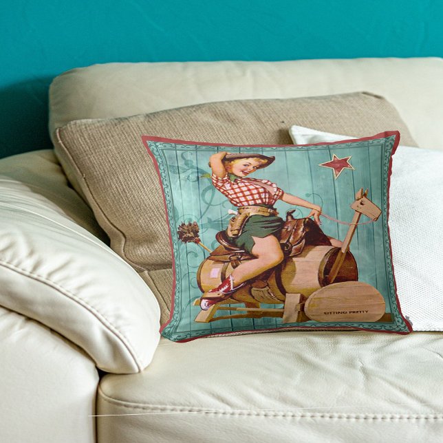 Vintage Western Cowgirl On Wooden Horse Cushion (Creator Uploaded)