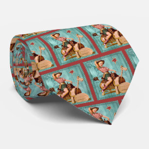 Vintage Western Cowgirl On Wooden Horse LG print Tie