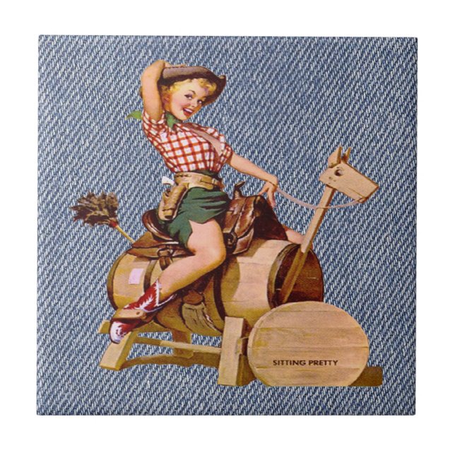 Vintage Western Cowgirl On Wooden Horse Tile (Front)