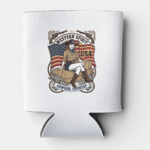 Vintage Western Cowgirl Patriotic Shirt Design_1 Can Cooler