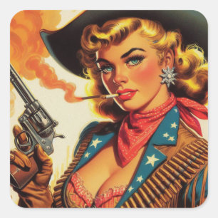 Vintage Western Cowgirl Pin Up Square Sticker