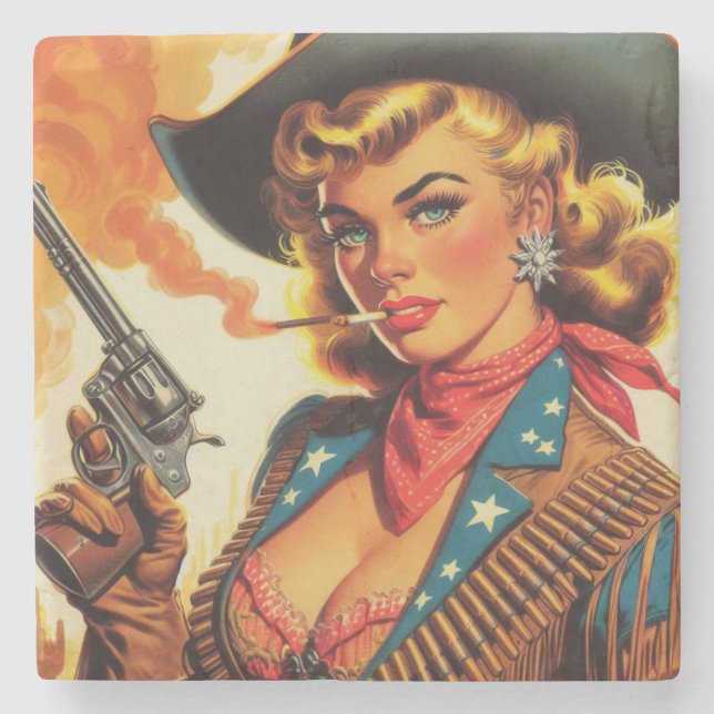 Vintage Western Cowgirl Pin Up Stone Coaster (Front)