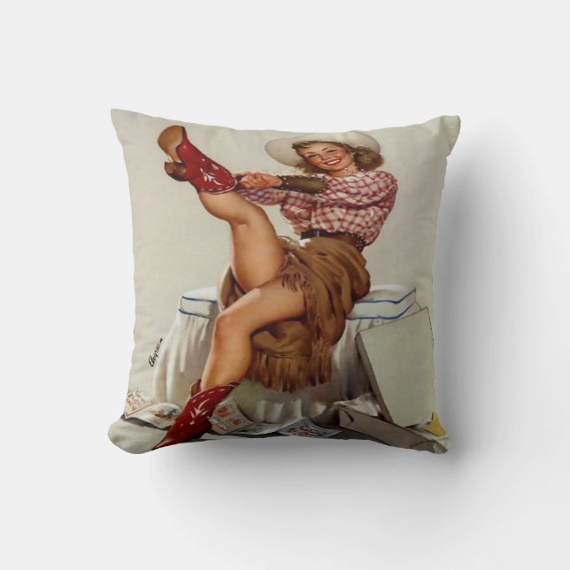 Vintage Western Cowgirl Putting on Boots Cushion (Front)