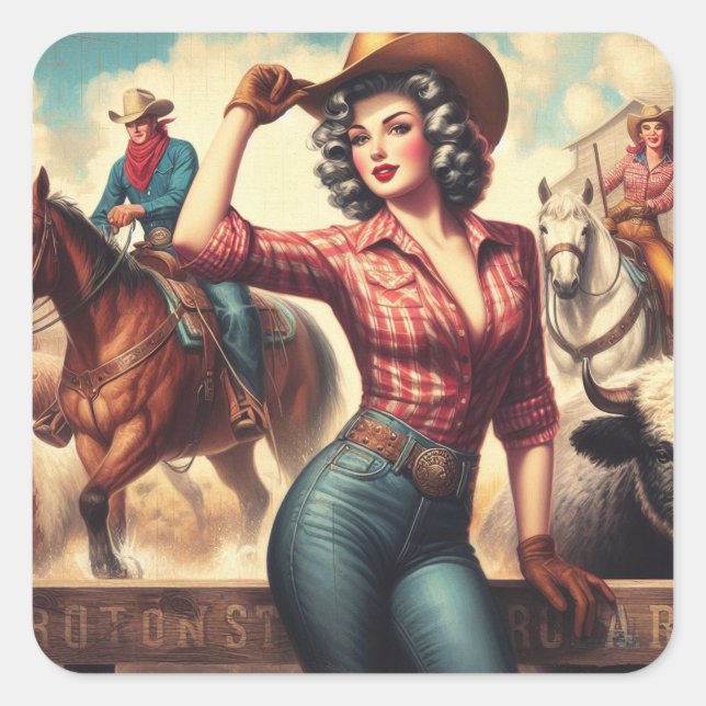 Vintage Western Cowgirl Square Sticker (Front)