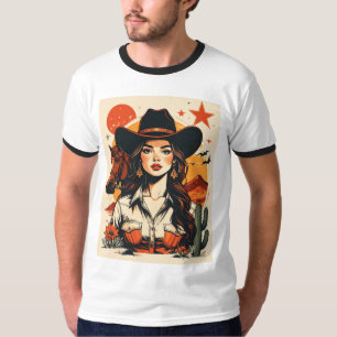Vintage Western Cowgirl Sunset Illustration T-Shirt