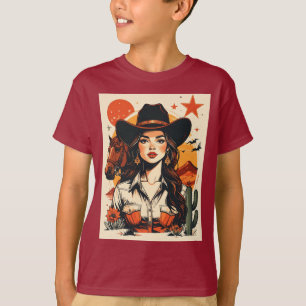 Vintage Western Cowgirl Sunset Illustration T-Shirt