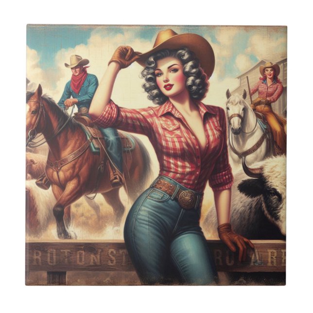 Vintage Western Cowgirl Tile (Front)