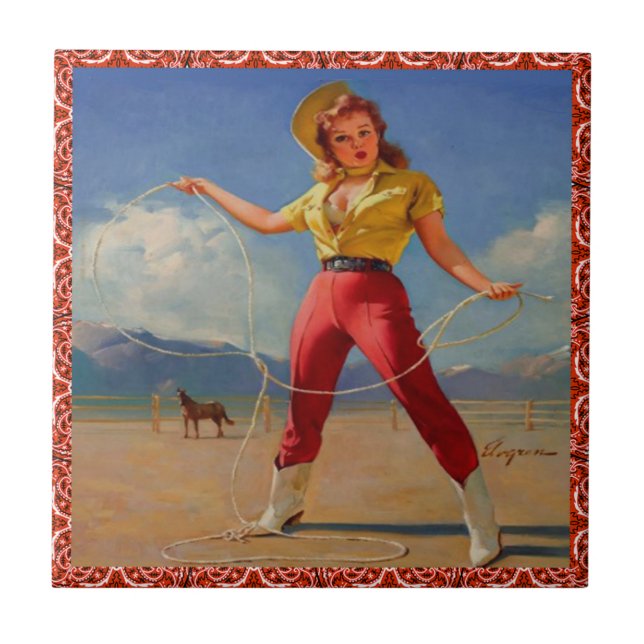 Vintage Western Cowgirl With Rope Tile (Front)