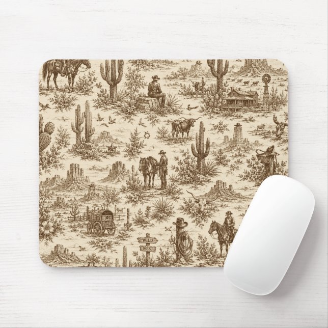 Vintage Western Desert Toile Seamless Pattern Mouse Mat (With Mouse)