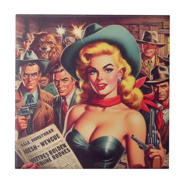Vintage Western Pulp Girl Tile (Front)