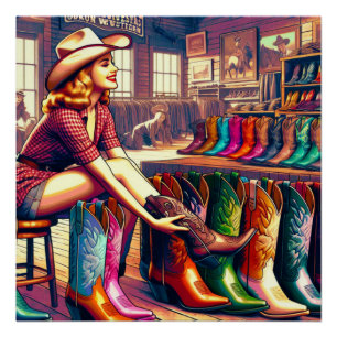 Vintage Western Retro Cowgirl Boot Shopping  Poster