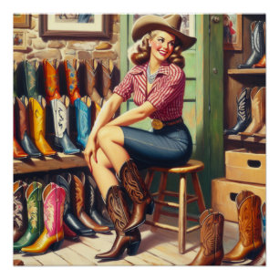 Vintage Western Retro Cowgirl Boot Shopping  Poster