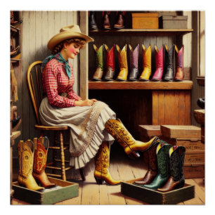 Vintage Western Retro Cowgirl Boot Shopping  Poster