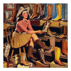 Vintage Western Retro Cowgirl Boot Shopping  Poster
