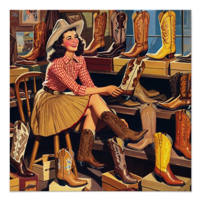 Vintage Western Retro Cowgirl Boot Shopping  Poster (Front)