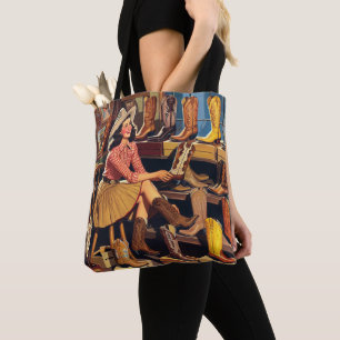 Vintage Western Retro Cowgirl Boot Shopping Tote Bag