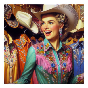 Vintage Western Retro Cowgirl Shirt Shopping Poster