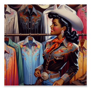 Vintage Western Retro Cowgirl Shirt Shopping Poster