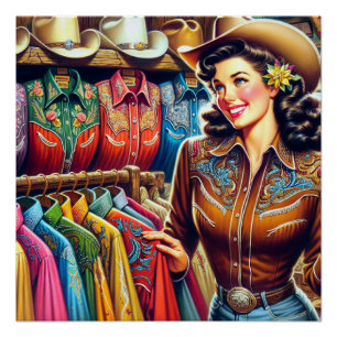 Vintage Western Retro Cowgirl Shirt Shopping Poster