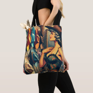 Vintage Western Retro Cowgirl Shopping For Hats 3 Tote Bag
