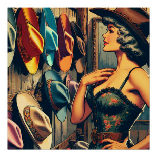 Vintage Western Retro Cowgirl Shopping For Hats Poster