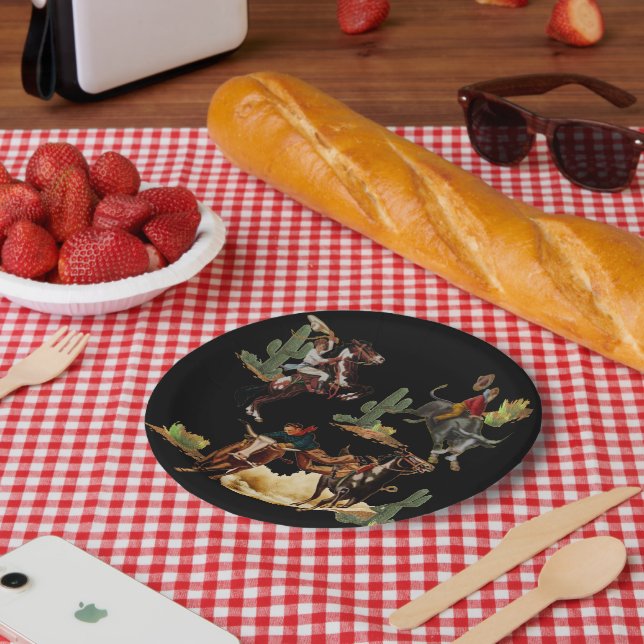 Vintage Western Rodeo Events Cowboy Cowgirl     Paper Plate (Picnic)