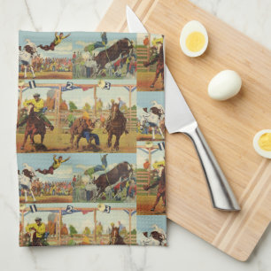Vintage Western Rodeo Events Cowboys Horses Bulls Tea Towel