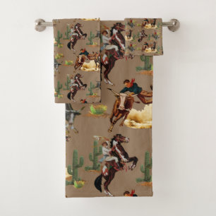Vintage Western Rodeo Events Cowgirl Cowboy  Bath Towel Set