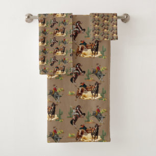 Vintage Western Rodeo Events Cowgirl Cowboy   Bath Towel Set