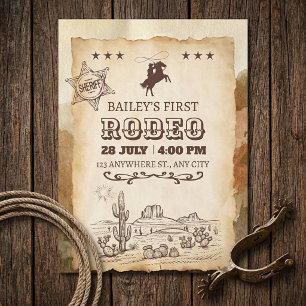 Vintage Western Rodeo Parchment First Birthday Invitation