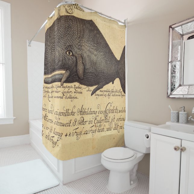vintage whale on parchment shower curtain (In Situ)