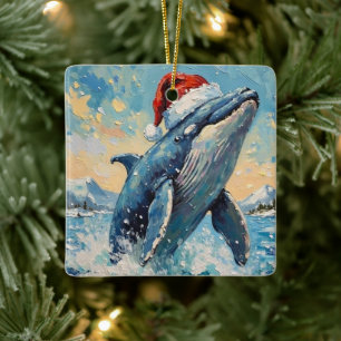 Vintage Whale with Santa Hat Christmas Scene Ceramic Ornament