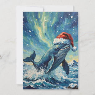 Vintage Whale with Santa Hat Under Northern Lights Holiday Card