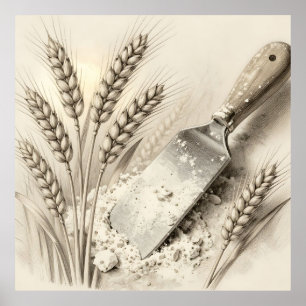 Vintage Wheat Stalks Flour Dough Scraper Illustrat Poster