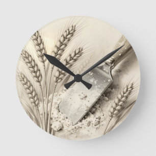 Vintage Wheat Stalks Flour Dough Scraper Illustrat Round Clock