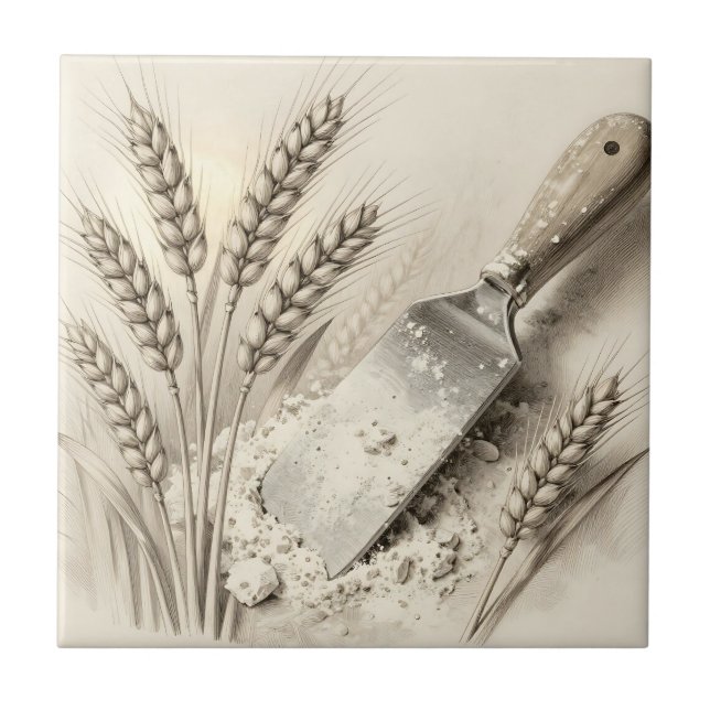 Vintage Wheat Stalks Flour Dough Scraper Illustrat Tile (Front)