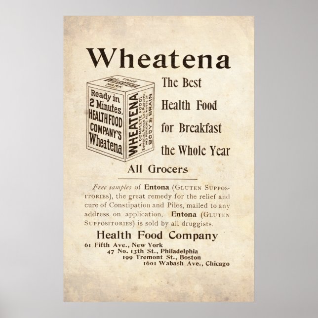 Vintage Wheatena Health Food Ad from 1899 Poster (Front)