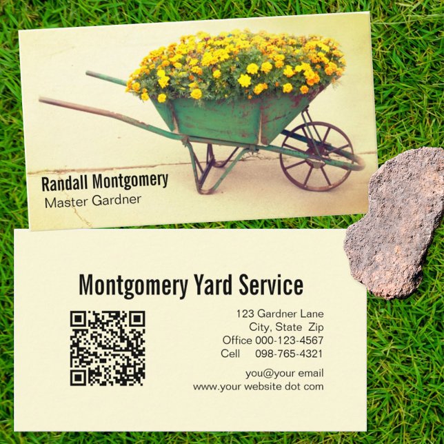 Vintage Wheelbarrow Flowers Gardener QR Code Business Card (Creator Uploaded)