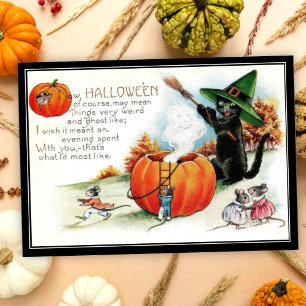 Vintage Whimsical Black Cat Witch & Mice Halloween Card