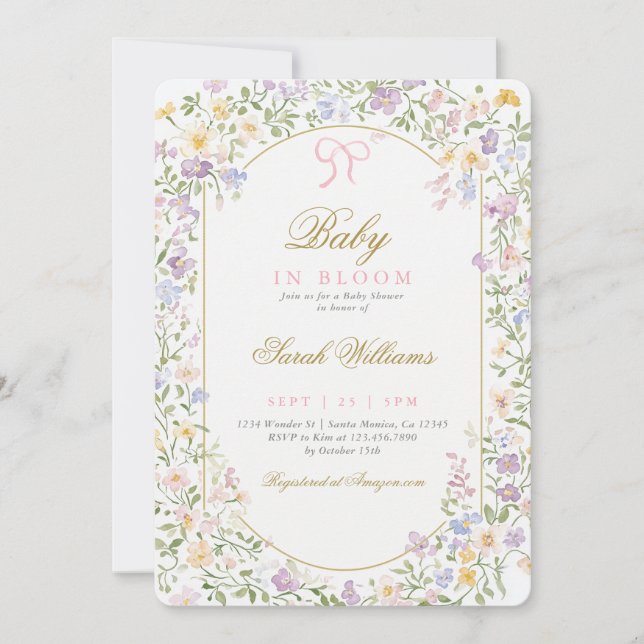 Vintage Whimsical Bow Baby Shower Girl invitation (Front)