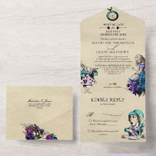 Vintage Whimsical Dark Alice in Wonderland Wedding All In One Invitation